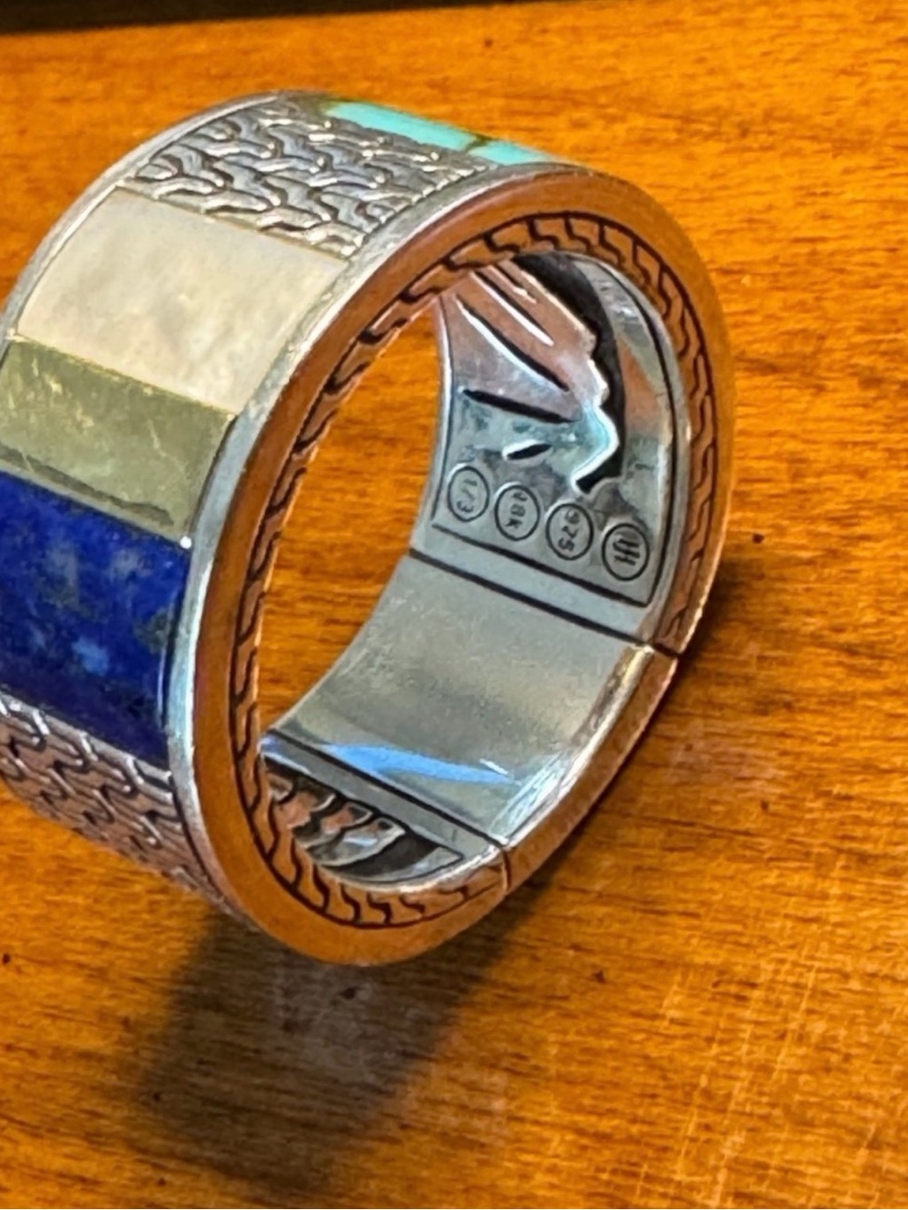 John Hardy Sterling Inlay Ring Size 10 Turquoise, Lapis & Mother-of-Pearl & Gold